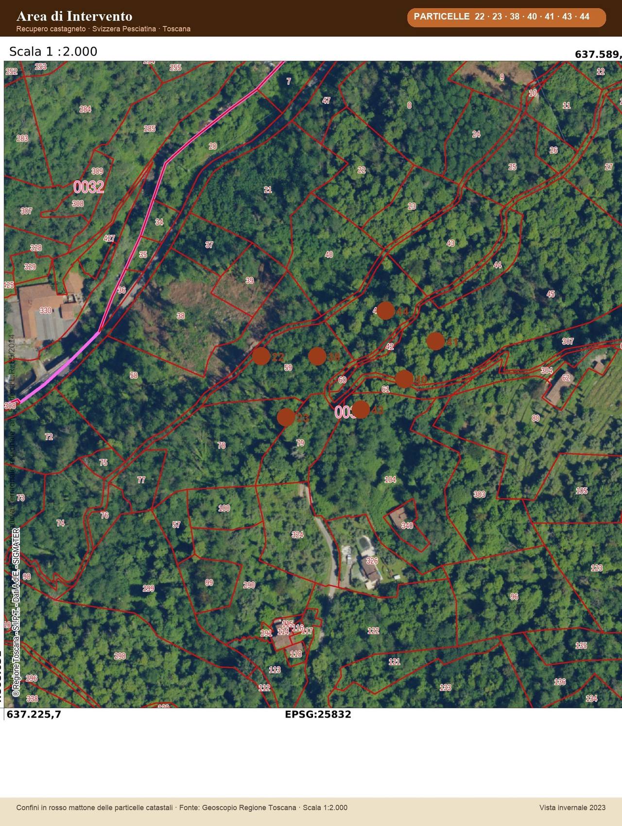 Mappa dell&rsquo;area di intervento — particelle 38, 43, 44, 23, 22, 40, 41
